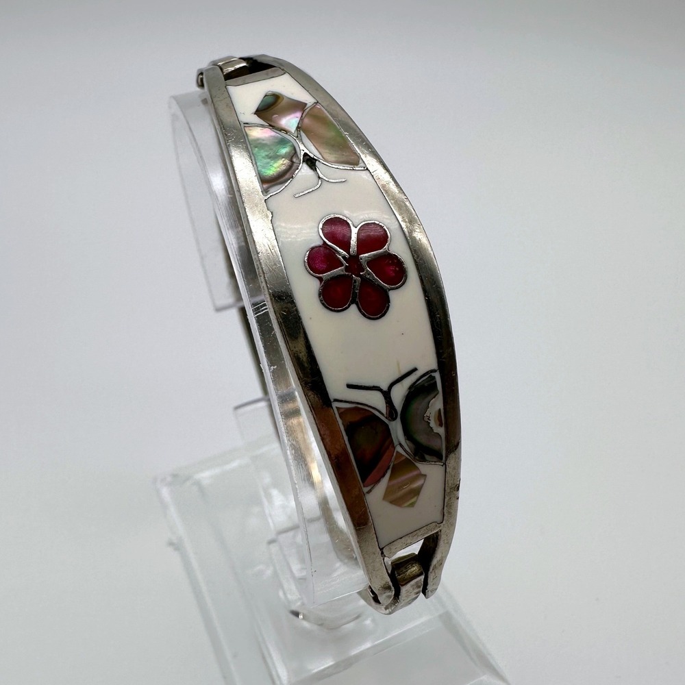 Vintage Womens Bangle Bracelet Silver White Abalone Butterfly Floral Boho 90s